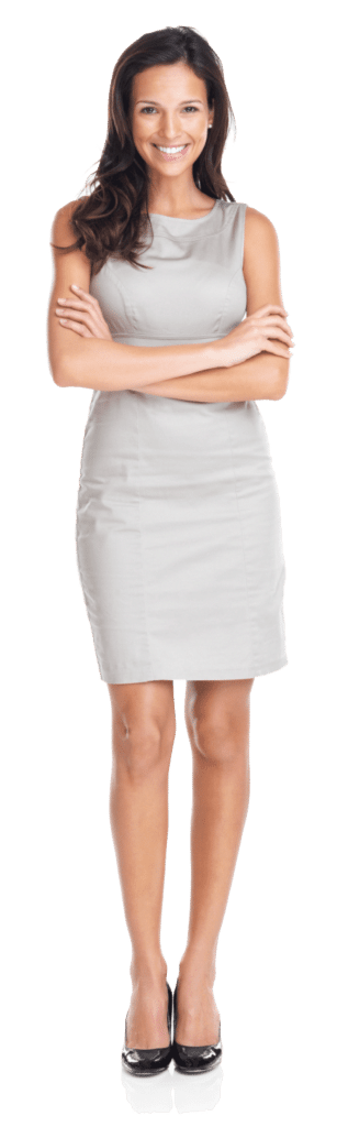 slender woman in an off-white dress with her arms folded