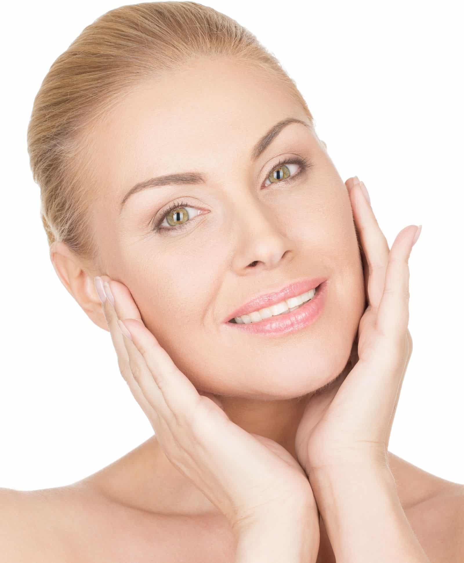 Female face close up with both hands touching her cheek
